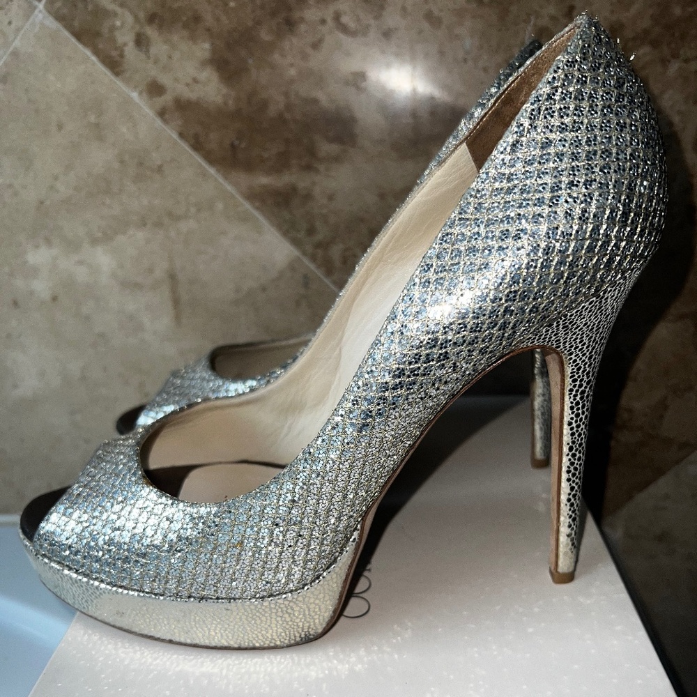 Jimmy Choo 247 Crown Glitter fabric champagne platform Size 42